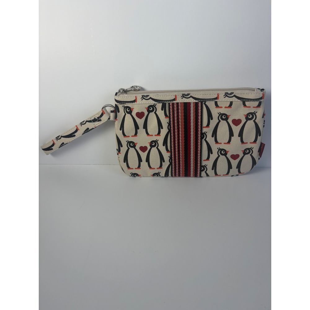 Bungalow 360 Penguin Heart Canvas Wristlet Pouch Cream Peace Sign Zipper Unused